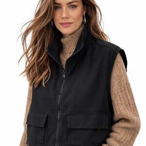 Oversized Black Cropped Utility Vest, Zip Front, High Collar by Shein